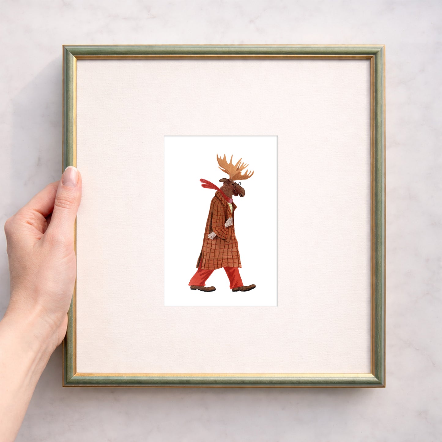 Whimsical Moose Illustration Mini Fine Art Print, Woodland Cottagecore Decor (10x15 cm)