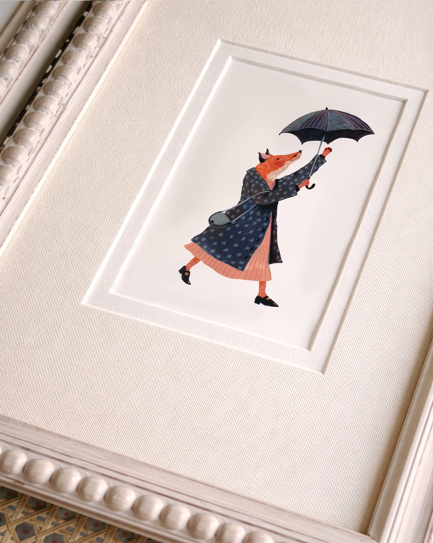 Minimalist Vintage Wall Art, Whimsical Fox Illustration, Cottagecore Rain Scene Decor, Storybook Style Mini Fine Art Print, 10x15 cm
