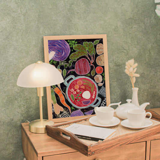 Ukrainian Borscht Art Print – Folk Food Illustration, Kitchen Wall Art, Gouache & Pastel Poster, Slavic Cooking Decor