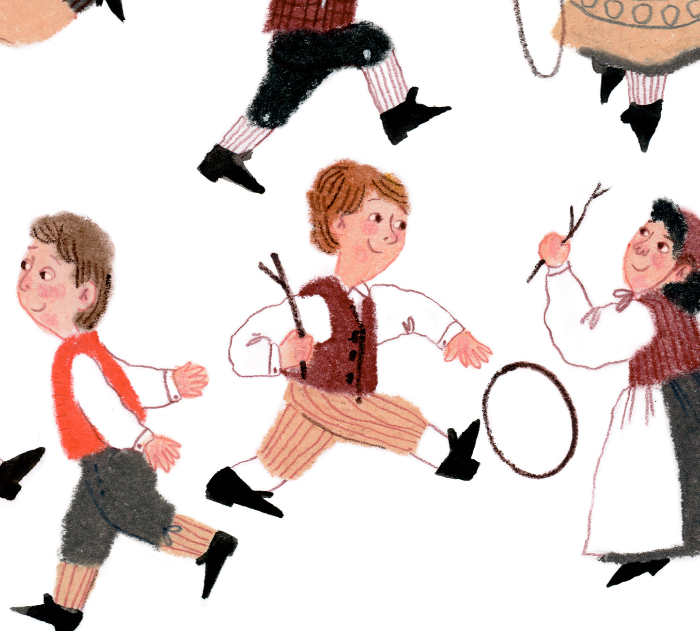Kids Playing Art Print, Vintage Hoop & Stick Game, Nursery Wall Art, Folk Costume Children Poster, Playroom Decor, Gouache and Pastels