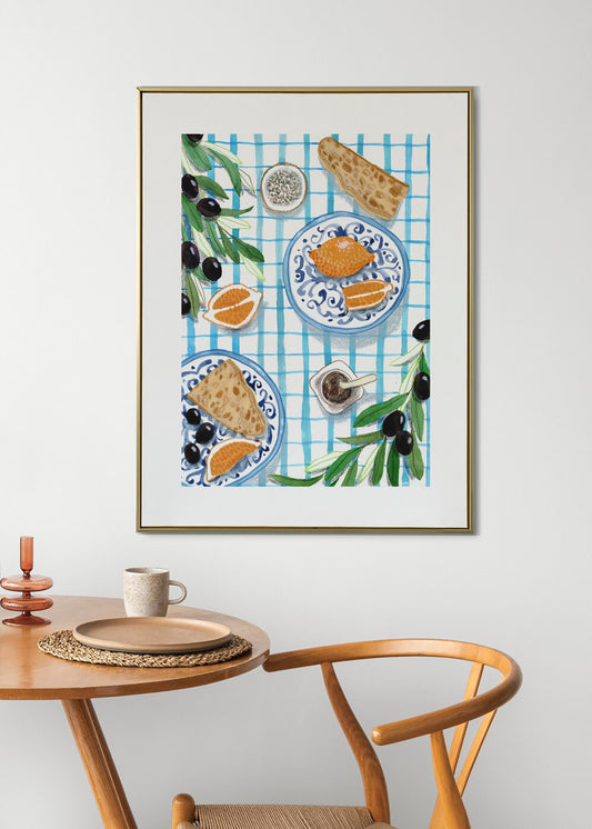 Mediterranean Breakfast Art Print: Olives, Bread, Gouache Kitchen Decor