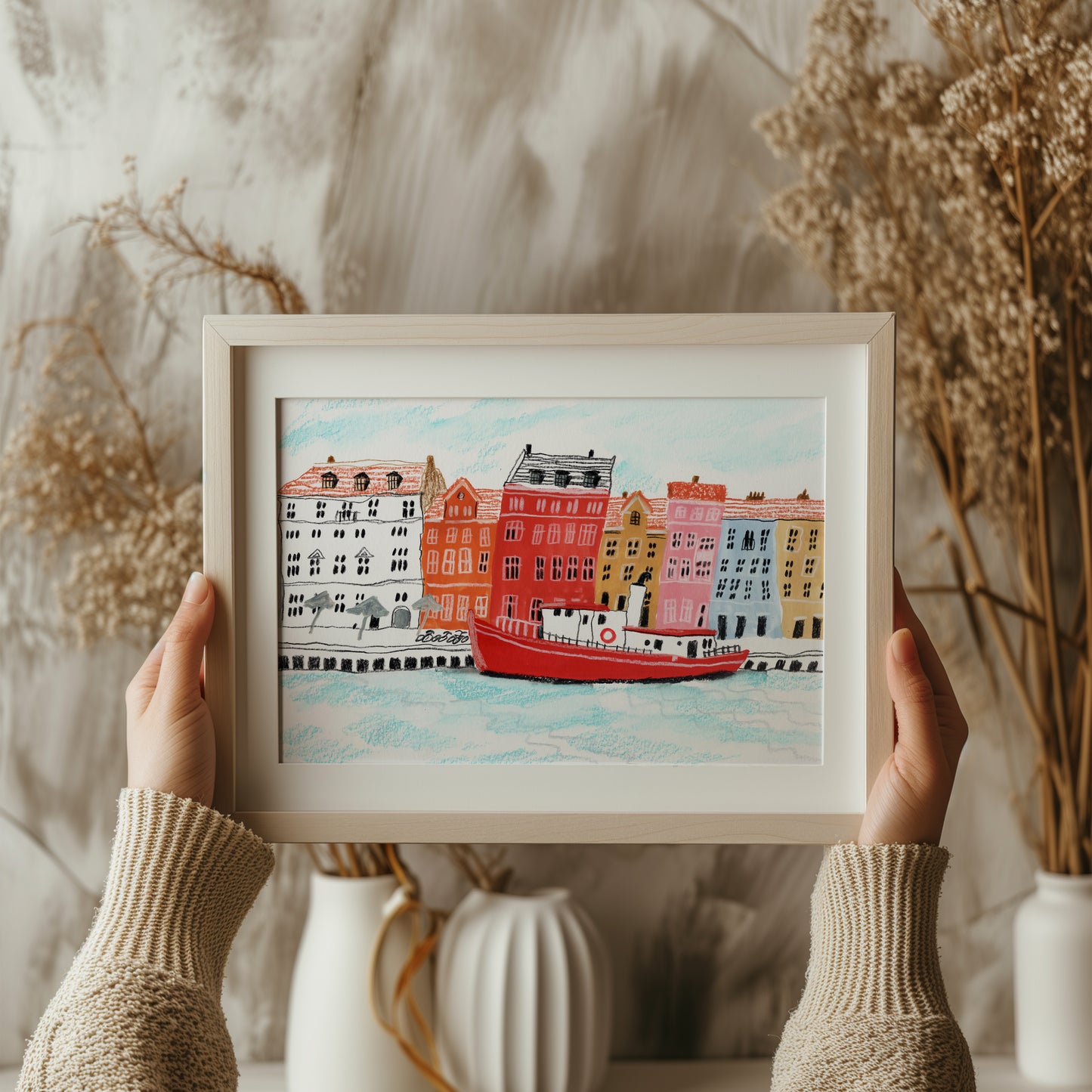 Copenhagen Nyhavn Art Print – Colorful Waterfront with Red Boat, Scandinavian Cityscape Poster, Denmark Wall Art, Gouache & Pastel Giclée