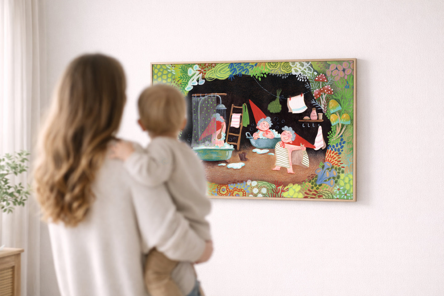 Gnome Bath Time Art Print, Fairy-Tale Woodland Poster, Storybook Illustration, Nursery Wall Art, Gouache & Pastel Giclée