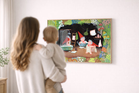 Gnome Bath Time Art Print, Fairy-Tale Woodland Poster, Storybook Illustration, Nursery Wall Art, Gouache & Pastel Giclée