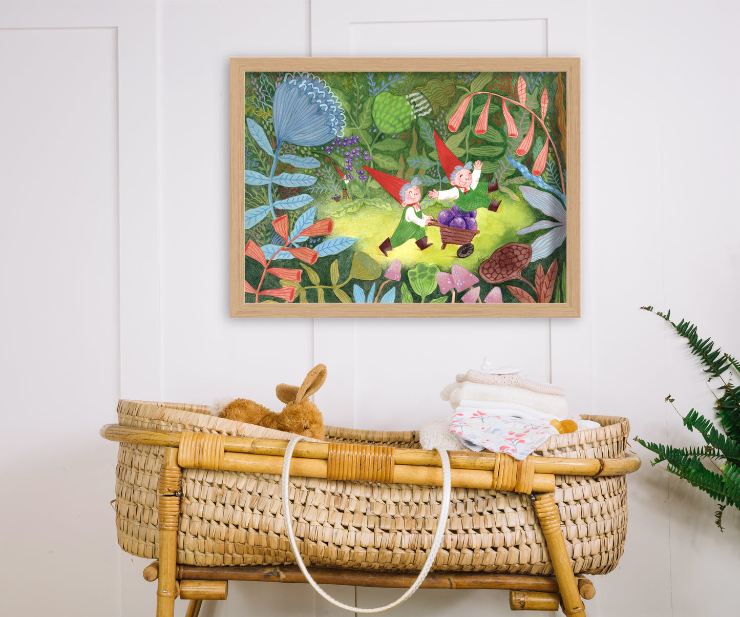 Gnome Forest Art Print – FairyTale Woodland Illustration, Red Hat Gnomes with Berries, Nursery & Kids Room Wall Art, Giclée