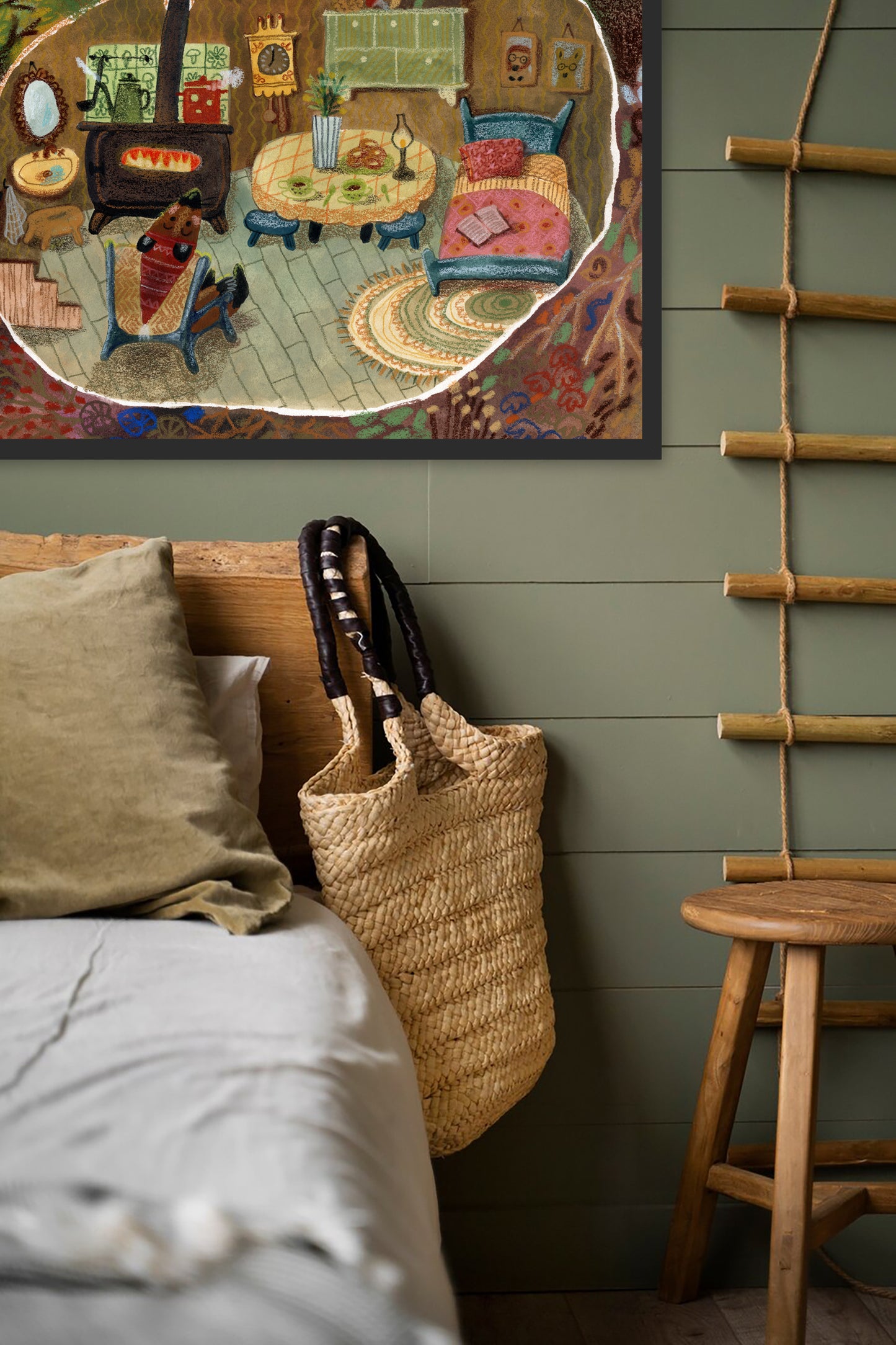 Woodland Cottage Art Print – Cozy Underground Burrow Interior, Forest Home Illustration, Storybook Wall Art, Gouache & Pastel Giclée