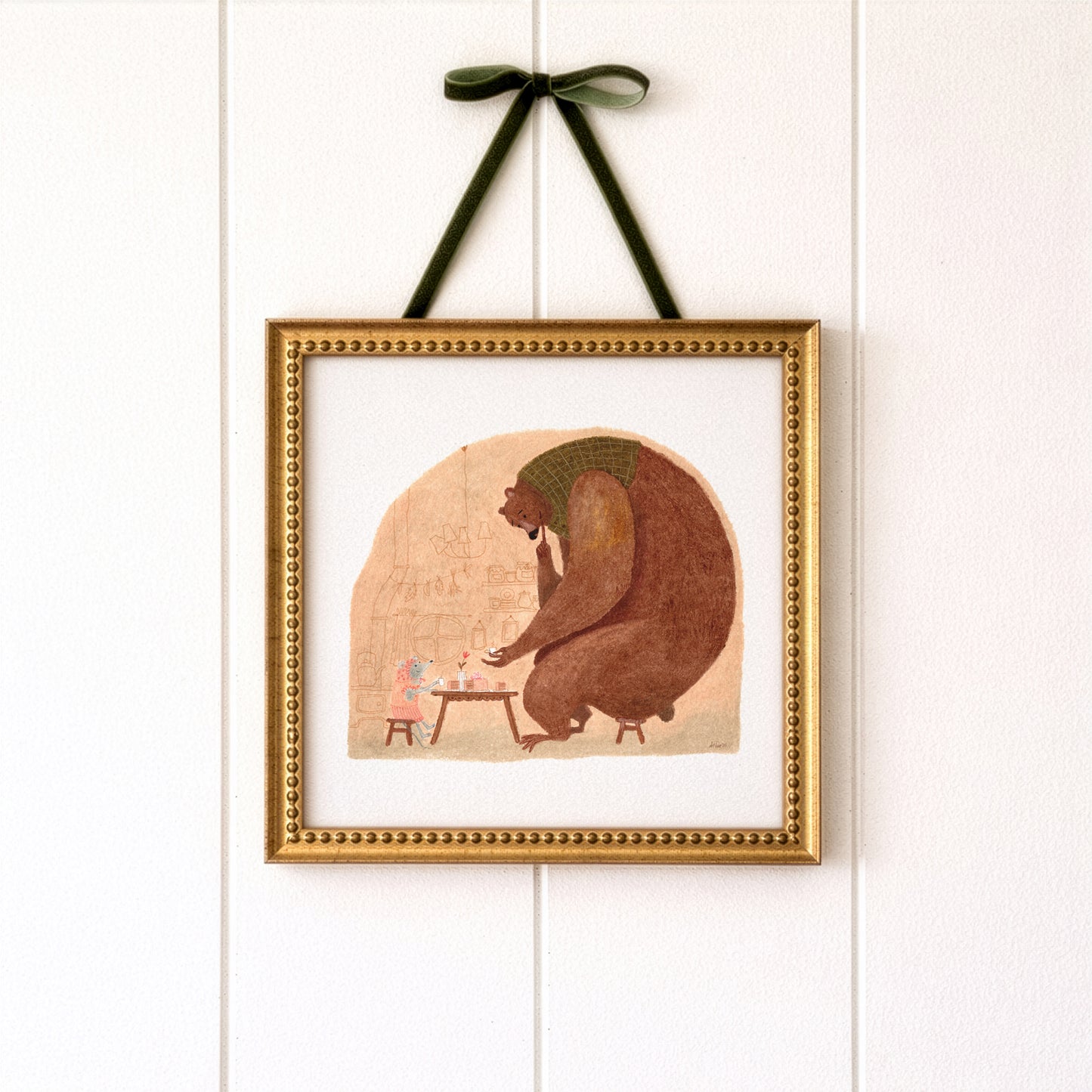 Bear & Mouse Tea Art Print, Cozy Storybook Illustration, Nursery Wall Art, Signed Artist Reproduction, Oil Pastel Giclée Poster