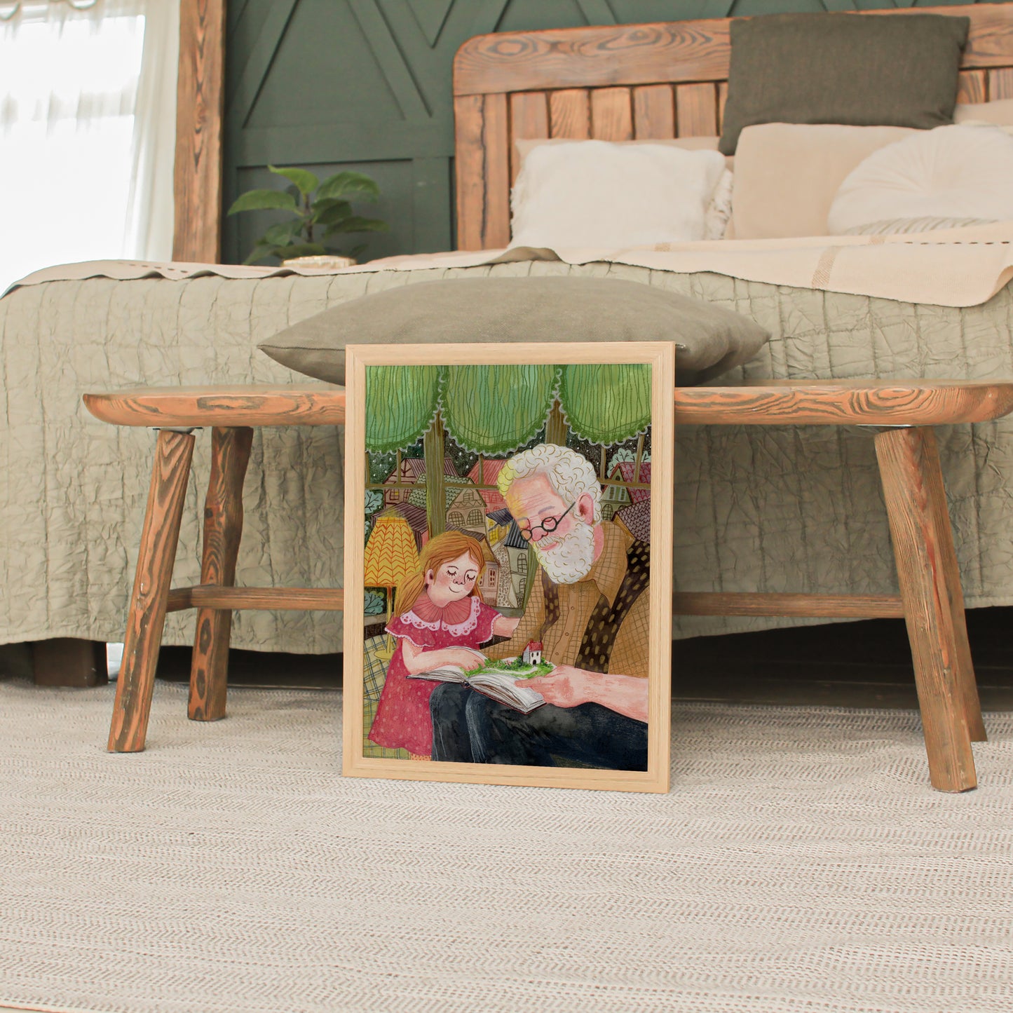 Grandpa Reading Art Print - Grandfather and Granddaughter Storytime, Family Illustration, Nursery & Reading Nook Wall Art, Giclée print