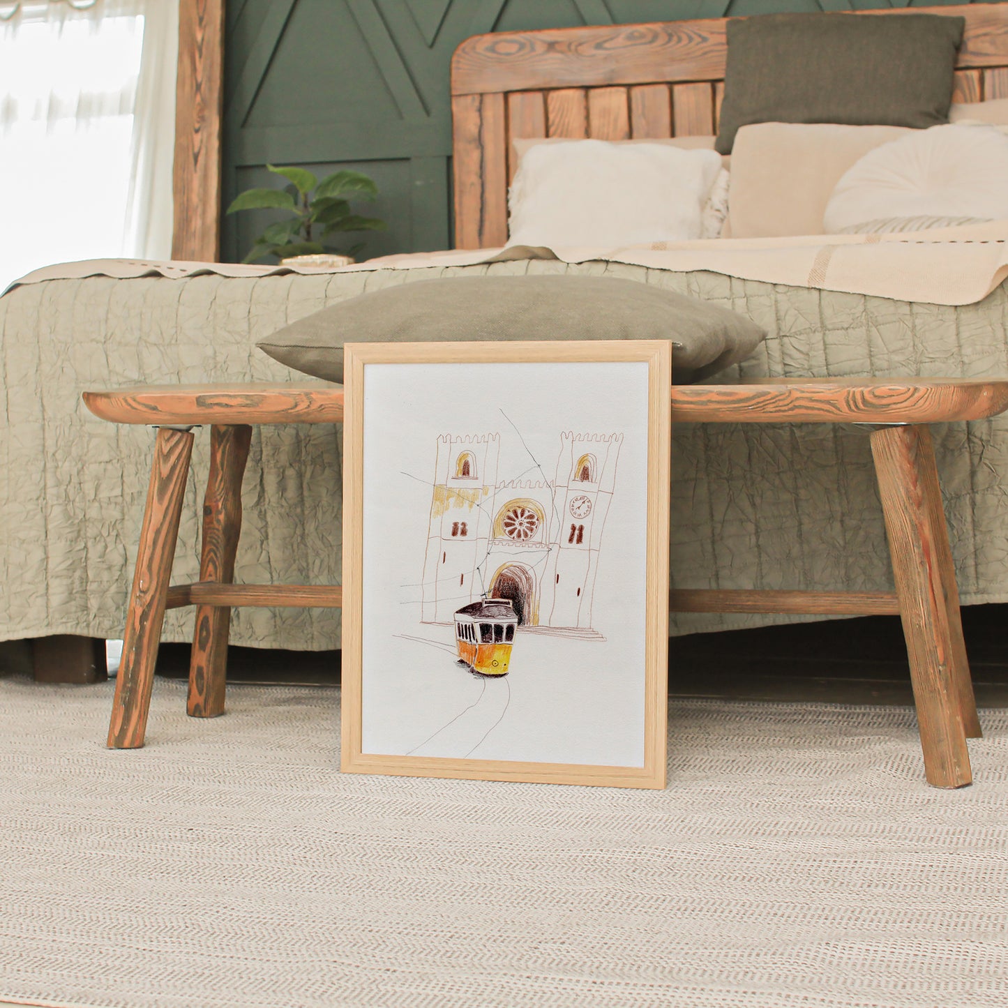 Lisbon Street Scene Print: Yellow Tram, Hand-Drawn Travel Poster