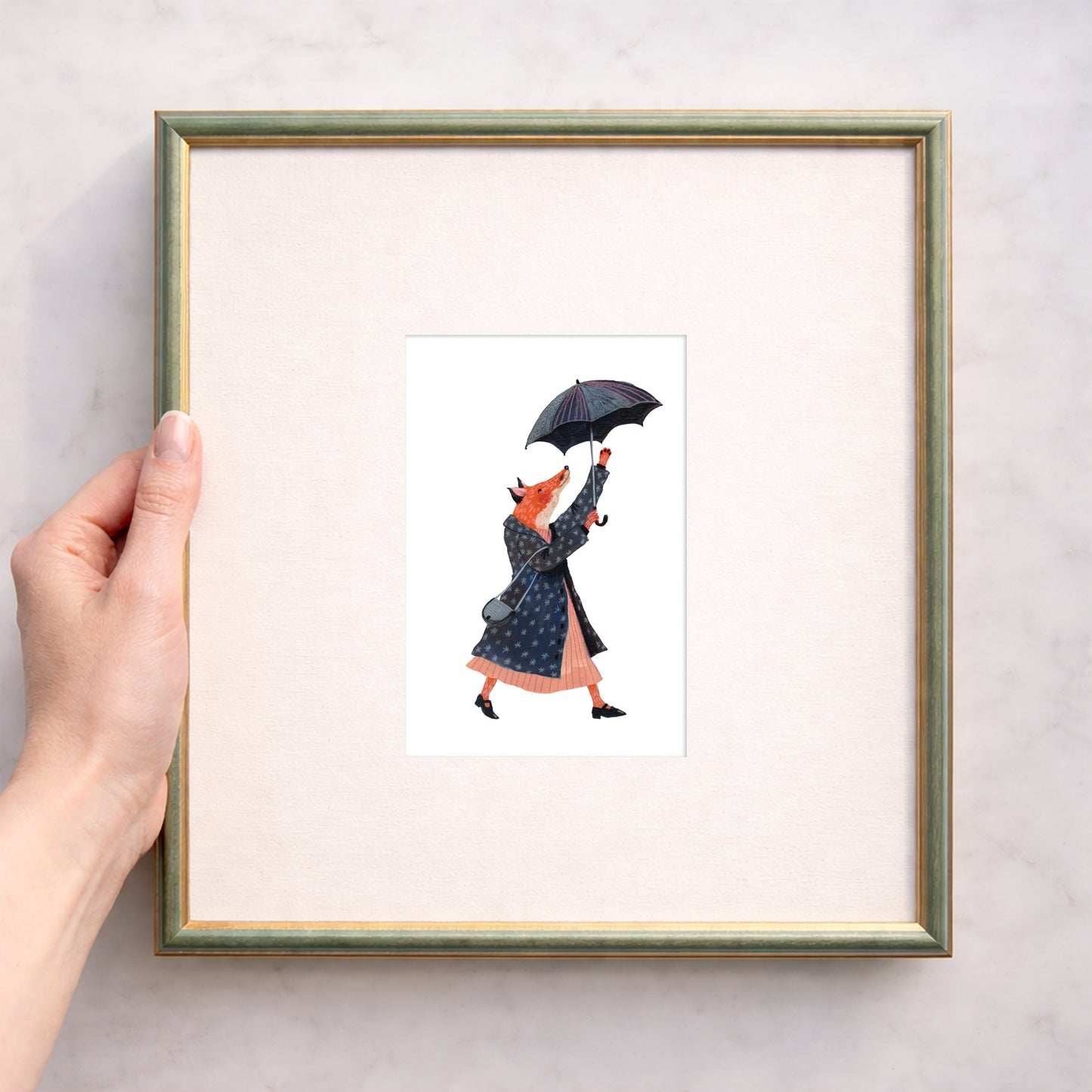 Minimalist Vintage Wall Art, Whimsical Fox Illustration, Cottagecore Rain Scene Decor, Storybook Style Mini Fine Art Print, 10x15 cm