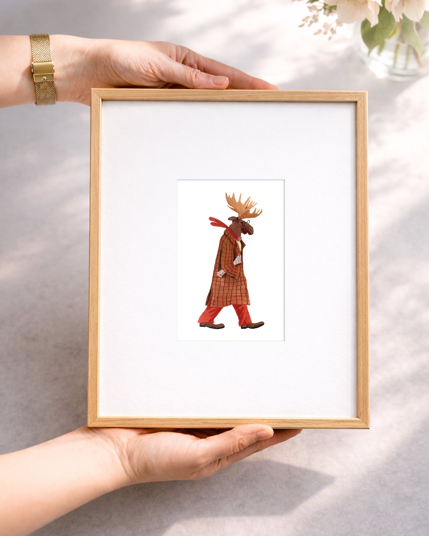 Whimsical Moose Illustration Mini Fine Art Print, Woodland Cottagecore Decor (10x15 cm)