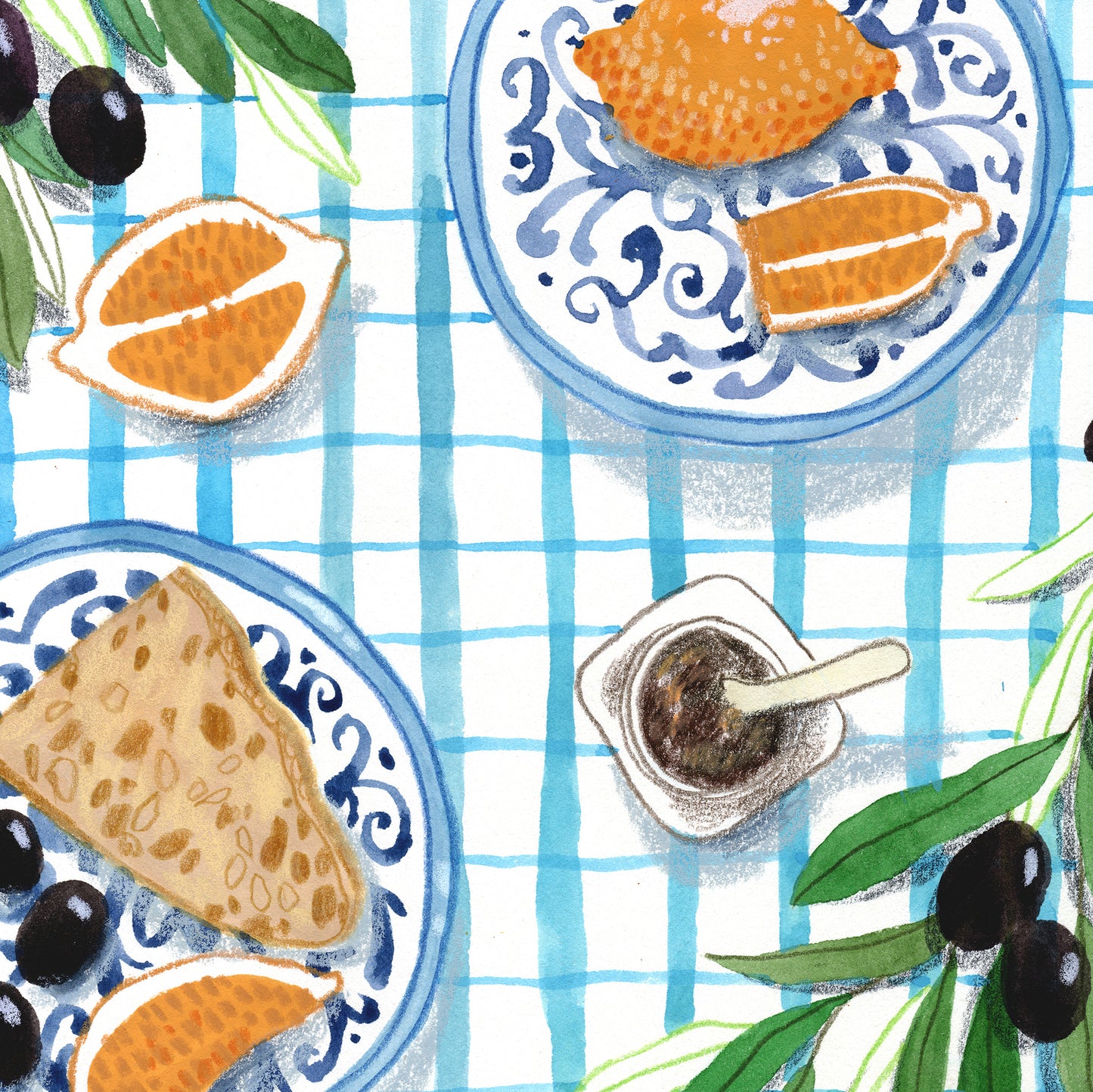 Mediterranean Breakfast Art Print: Olives, Bread, Gouache Kitchen Decor