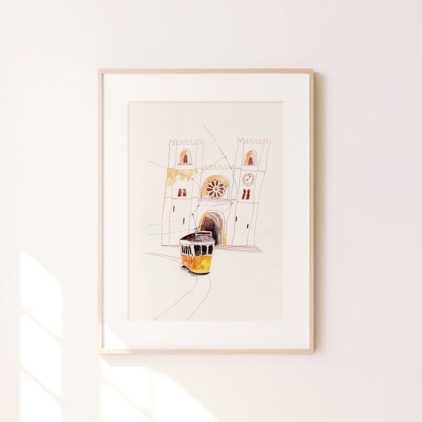 Lisbon Street Scene Print: Yellow Tram, Hand-Drawn Travel Poster