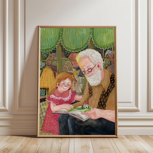Grandpa Reading Art Print - Grandfather and Granddaughter Storytime, Family Illustration, Nursery & Reading Nook Wall Art, Giclée print