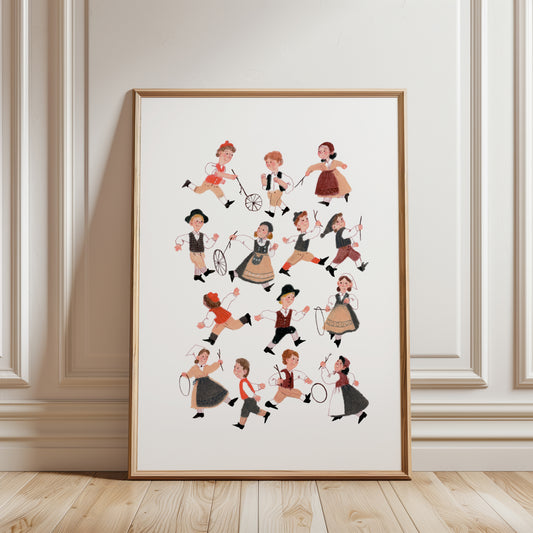 Kids Playing Art Print, Vintage Hoop & Stick Game, Nursery Wall Art, Folk Costume Children Poster, Playroom Decor, Gouache and Pastels