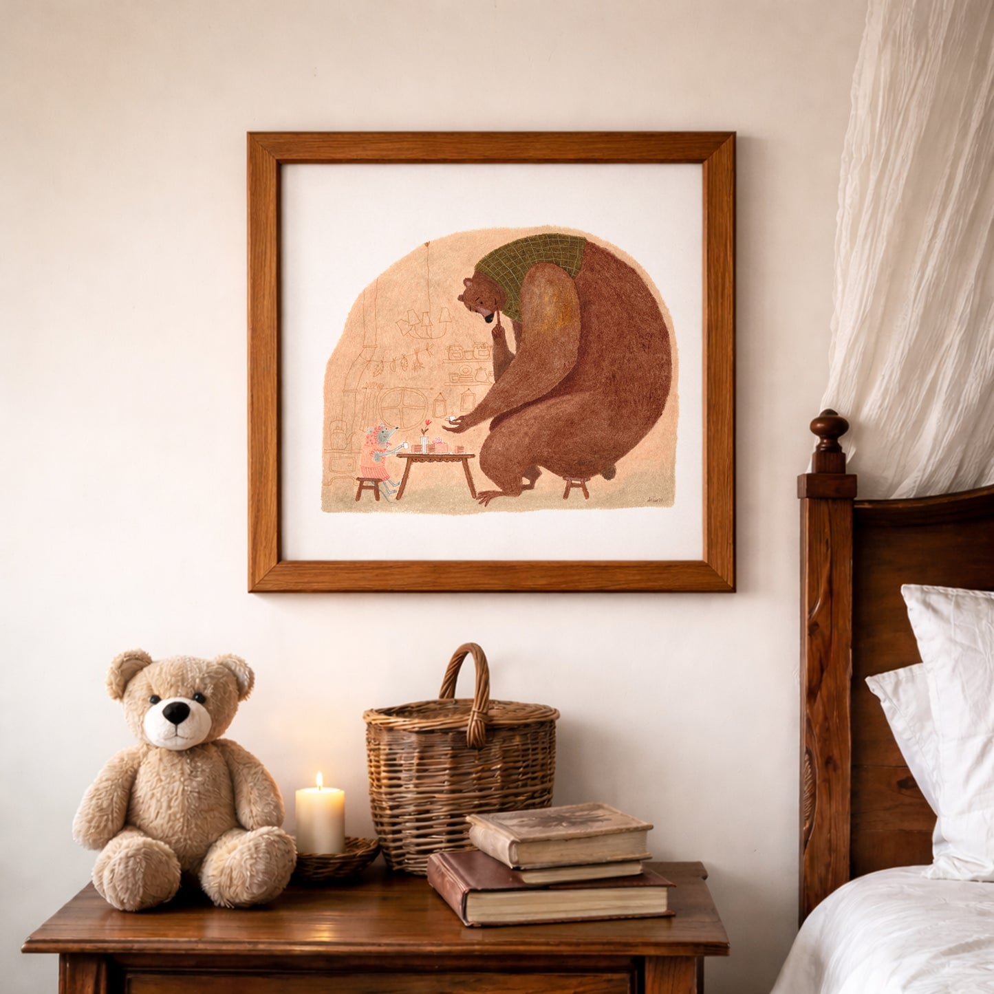 Bear & Mouse Tea Art Print, Cozy Storybook Illustration, Nursery Wall Art, Signed Artist Reproduction, Oil Pastel Giclée Poster