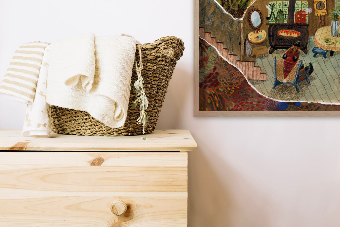 Woodland Cottage Art Print – Cozy Underground Burrow Interior, Forest Home Illustration, Storybook Wall Art, Gouache & Pastel Giclée