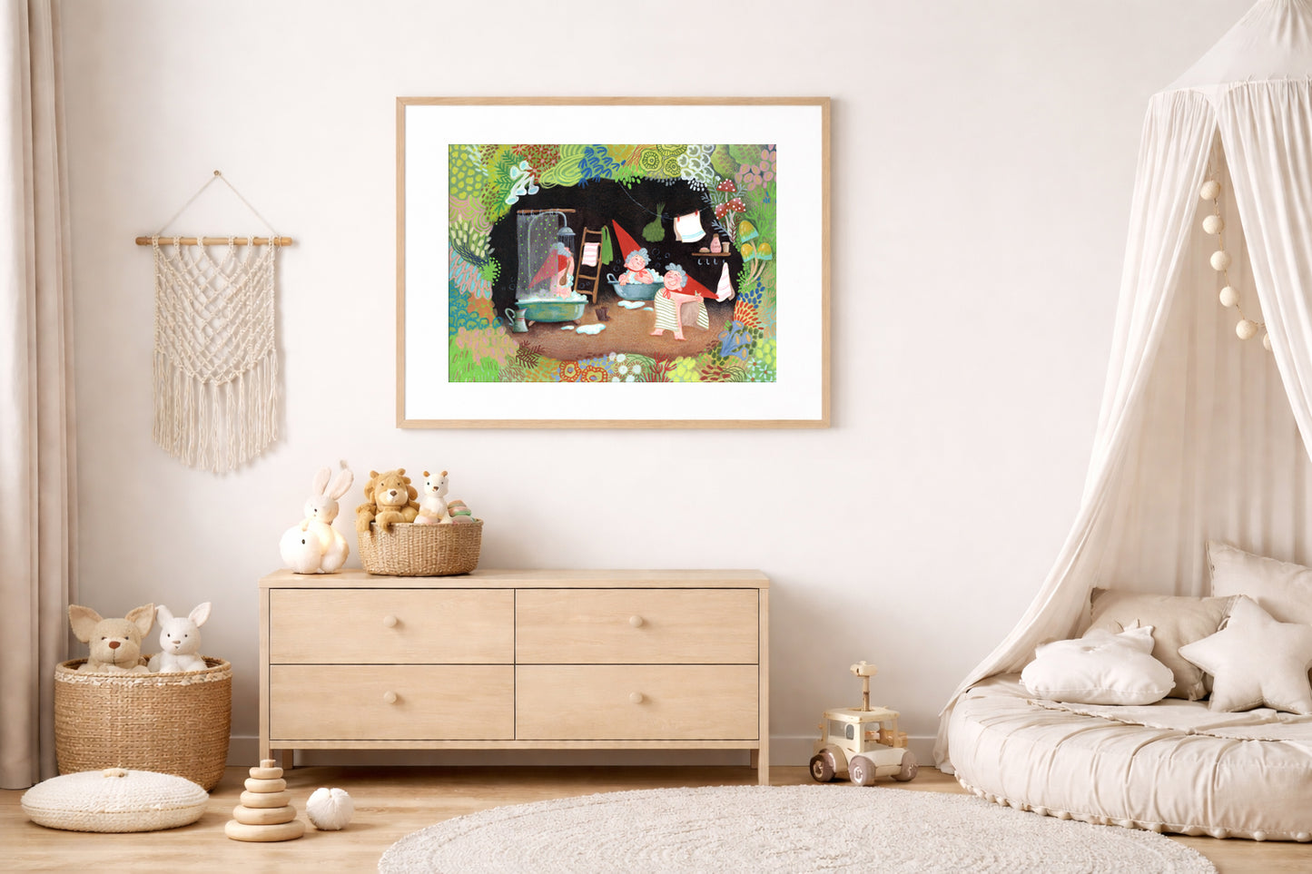 Gnome Bath Time Art Print, Fairy-Tale Woodland Poster, Storybook Illustration, Nursery Wall Art, Gouache & Pastel Giclée