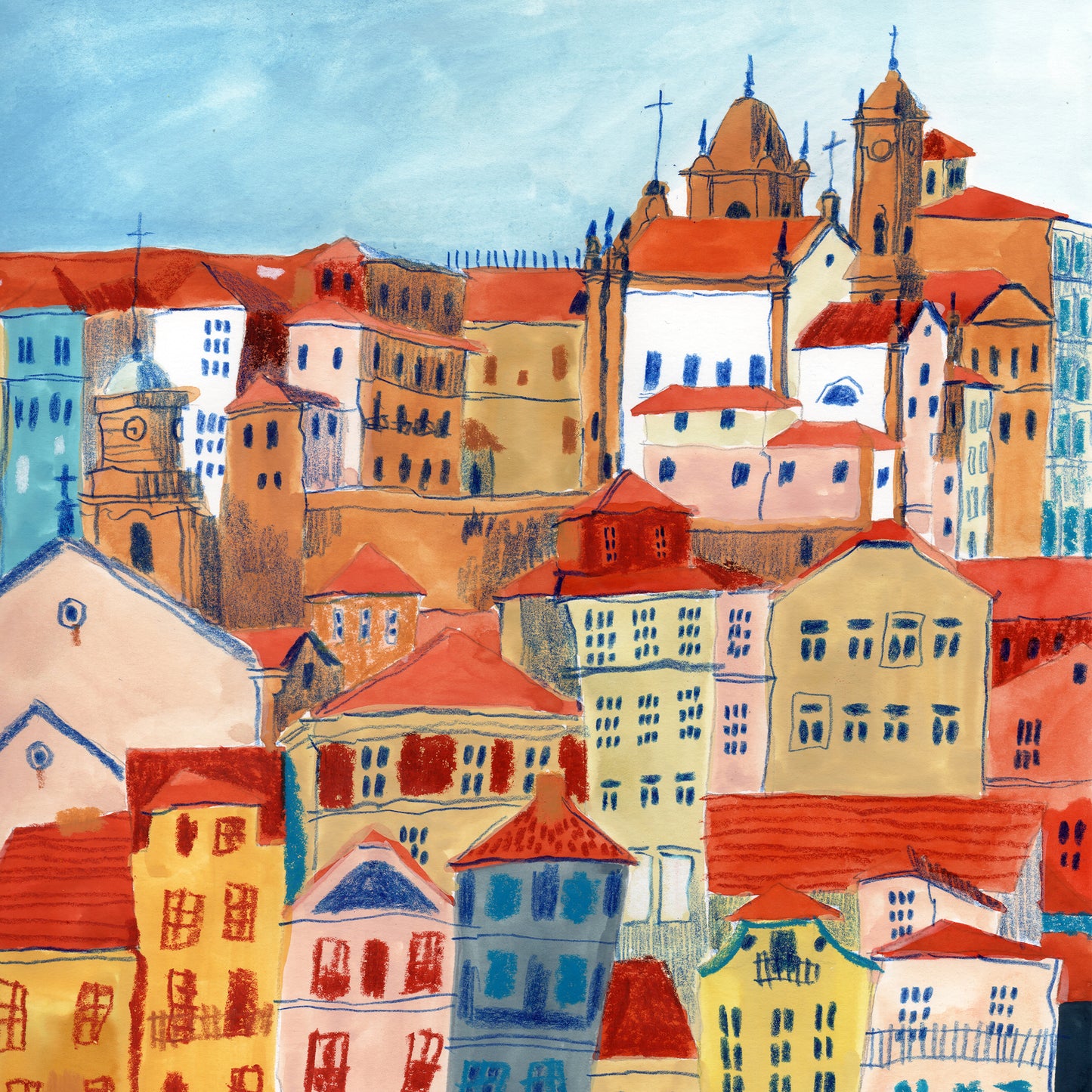 Porto Portugal Art Print: Hand-Drawn Gouache Cityscape Poster