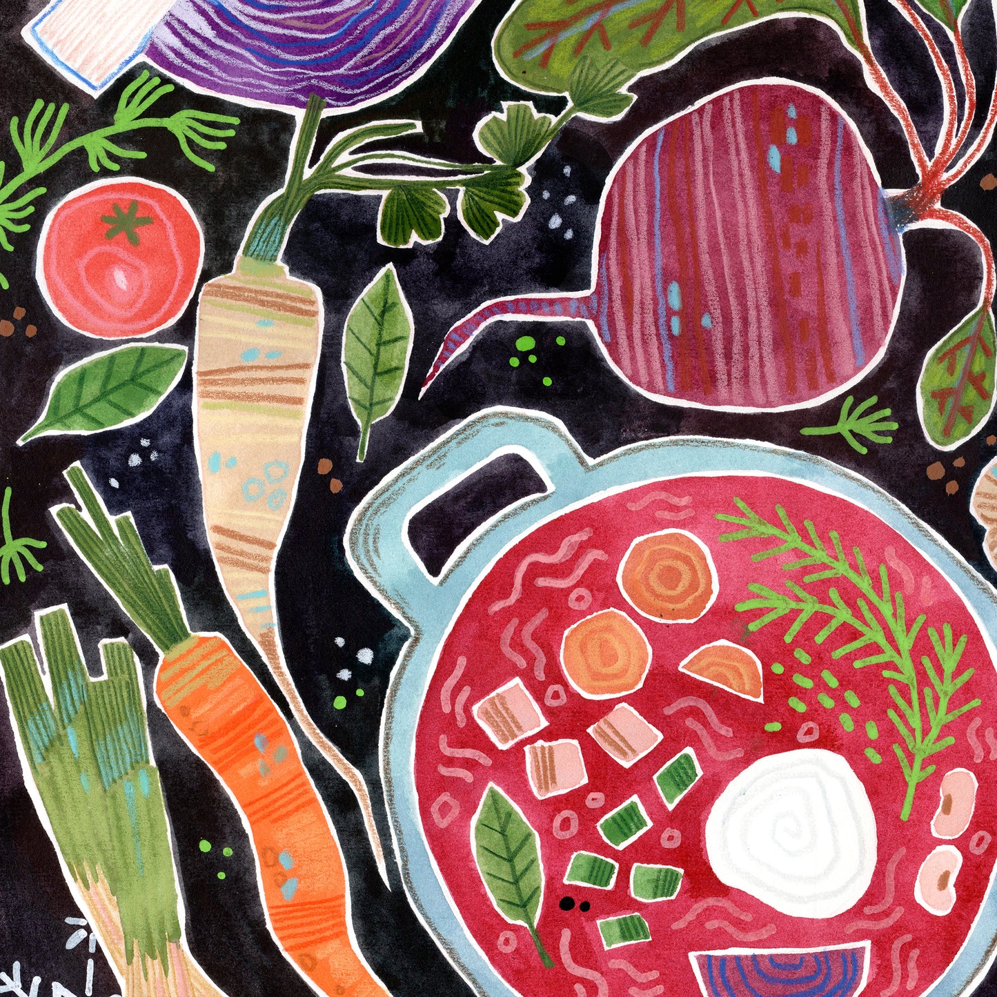 Ukrainian Borscht Art Print – Folk Food Illustration, Kitchen Wall Art, Gouache & Pastel Poster, Slavic Cooking Decor