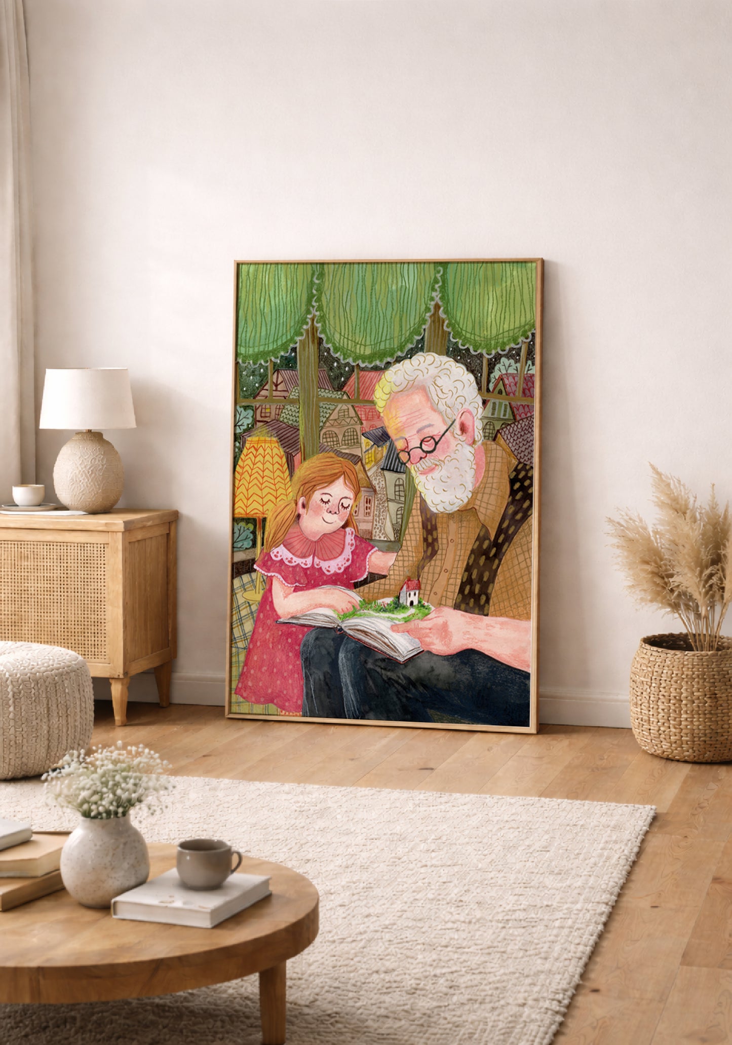 Grandpa Reading Art Print - Grandfather and Granddaughter Storytime, Family Illustration, Nursery & Reading Nook Wall Art, Giclée print