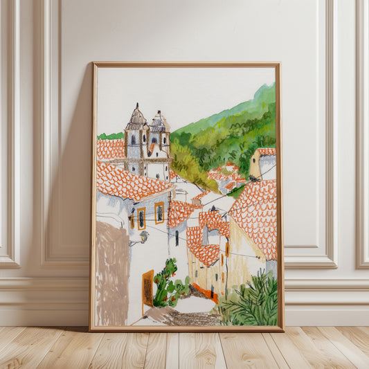Mediterranean Village Wall Art – Castelo Portugal Illustration Print – Gouache Architecture Poster – Travel Home Decor