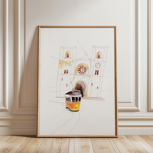 Lisbon Street Scene Print: Yellow Tram, Hand-Drawn Travel Poster
