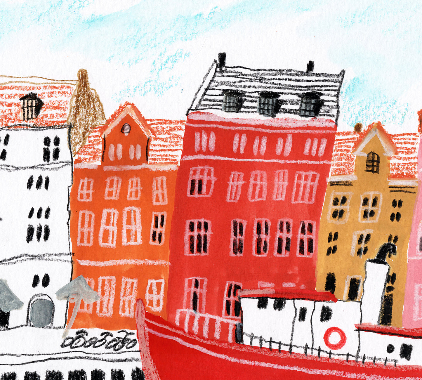Copenhagen Nyhavn Art Print – Colorful Waterfront with Red Boat, Scandinavian Cityscape Poster, Denmark Wall Art, Gouache & Pastel Giclée