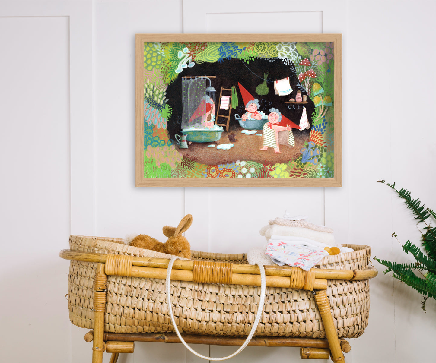 Gnome Bath Time Art Print, Fairy-Tale Woodland Poster, Storybook Illustration, Nursery Wall Art, Gouache & Pastel Giclée