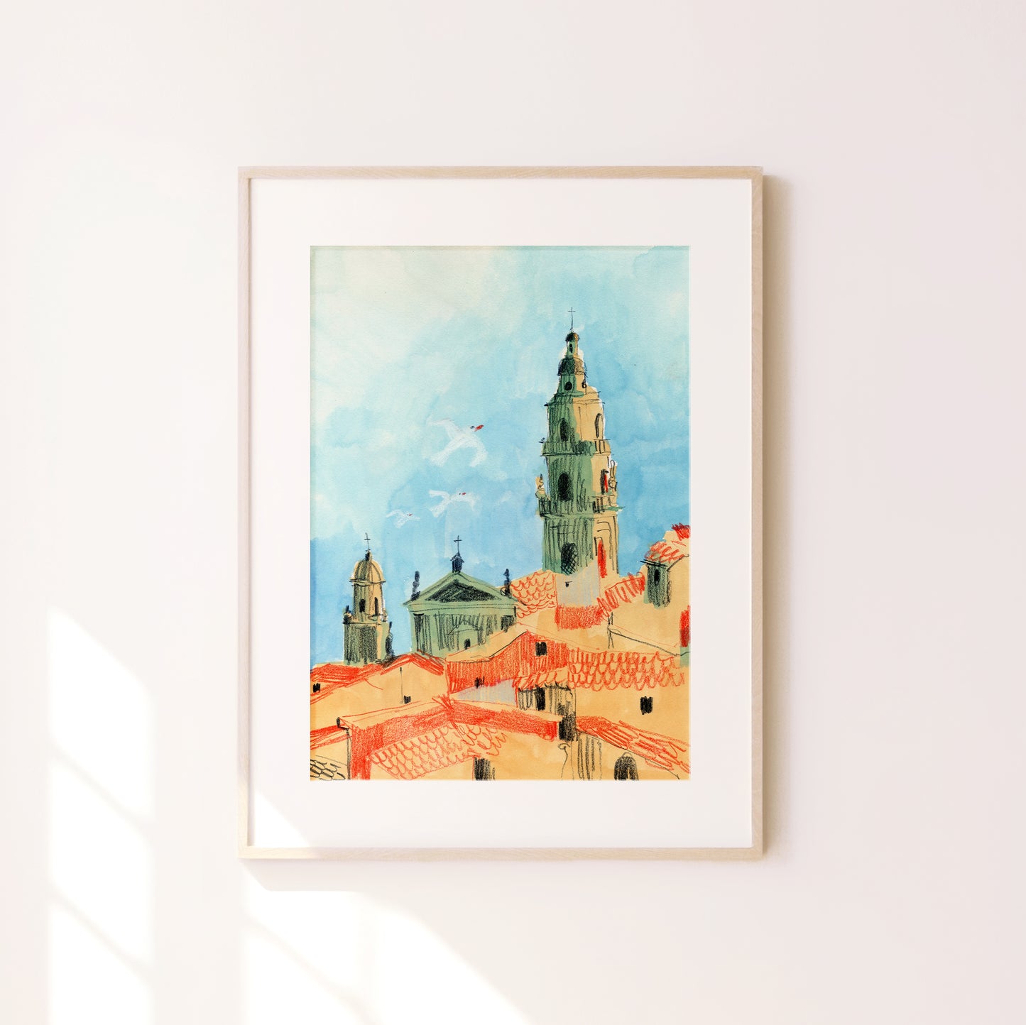 Menton Art Print, French Riviera Cityscape, Côte d’Azur Rooftops, Mediterranean Wall Art, Gouache & Pastel, Enhanced Matte Poster