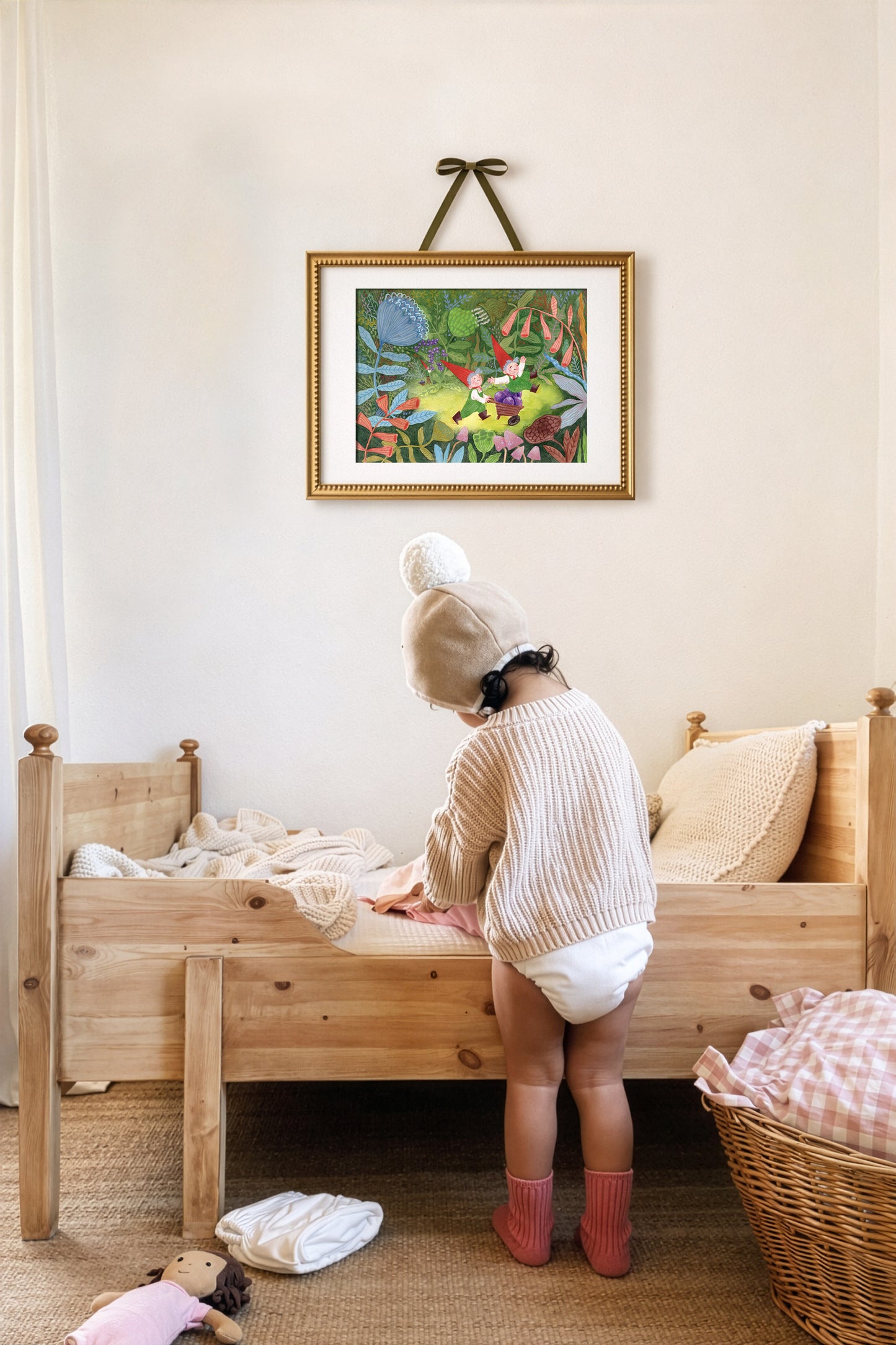 Gnome Forest Art Print – FairyTale Woodland Illustration, Red Hat Gnomes with Berries, Nursery & Kids Room Wall Art, Giclée