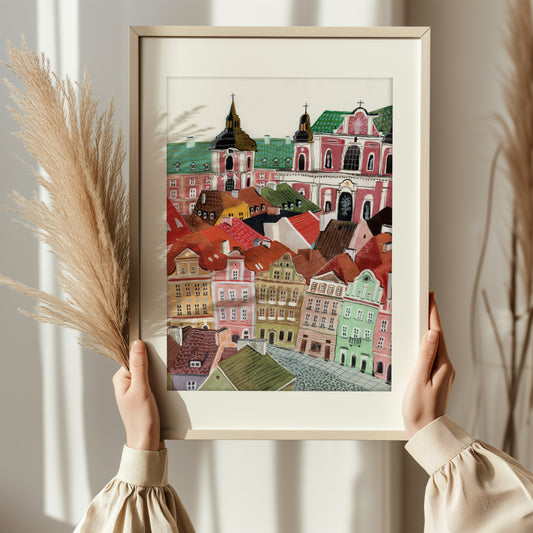 Poznan Old Town Art Print: Colorful City Houses Gouache Painting