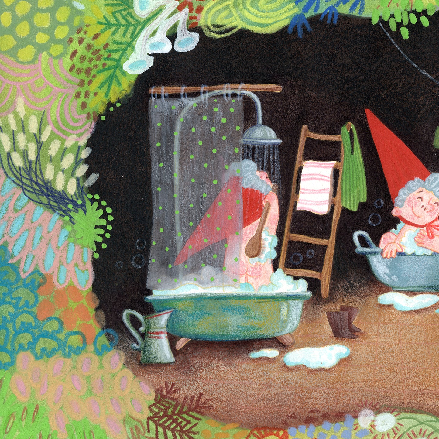Gnome Bath Time Art Print, Fairy-Tale Woodland Poster, Storybook Illustration, Nursery Wall Art, Gouache & Pastel Giclée