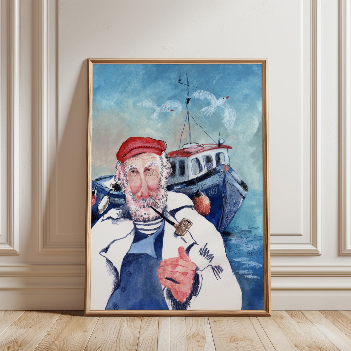 Fisherman Art Print, Nautical Sea Captain Illustration, Coastal Wall Art, Maritime Boat Poster, Gouache & Pastel Giclée, Beach House Decor