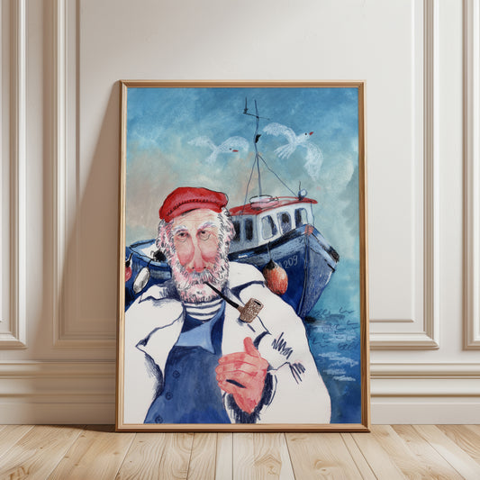 Fisherman Art Print, Nautical Sea Captain Illustration, Coastal Wall Art, Maritime Boat Poster, Gouache & Pastel Giclée, Beach House Decor