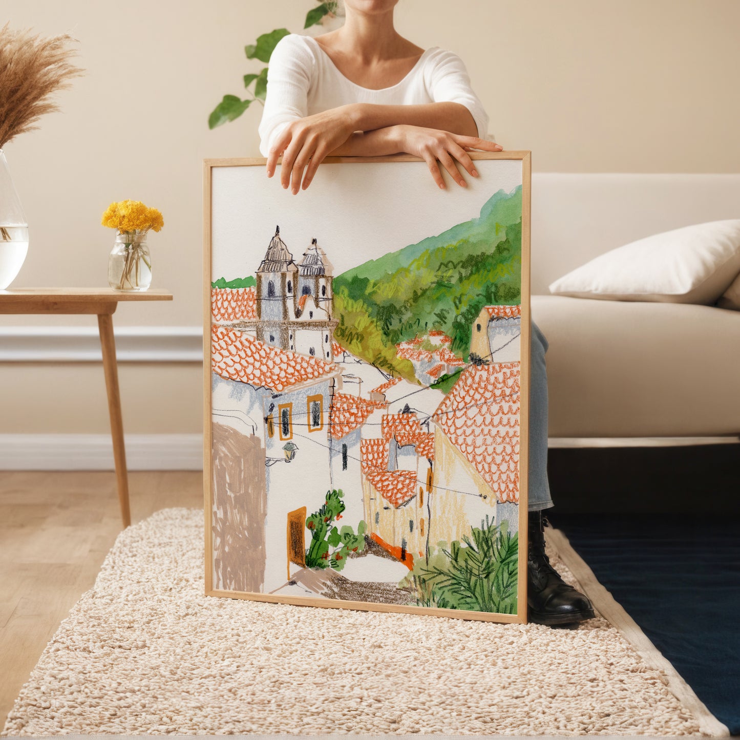 Mediterranean Village Wall Art – Castelo Portugal Illustration Print – Gouache Architecture Poster – Travel Home Decor