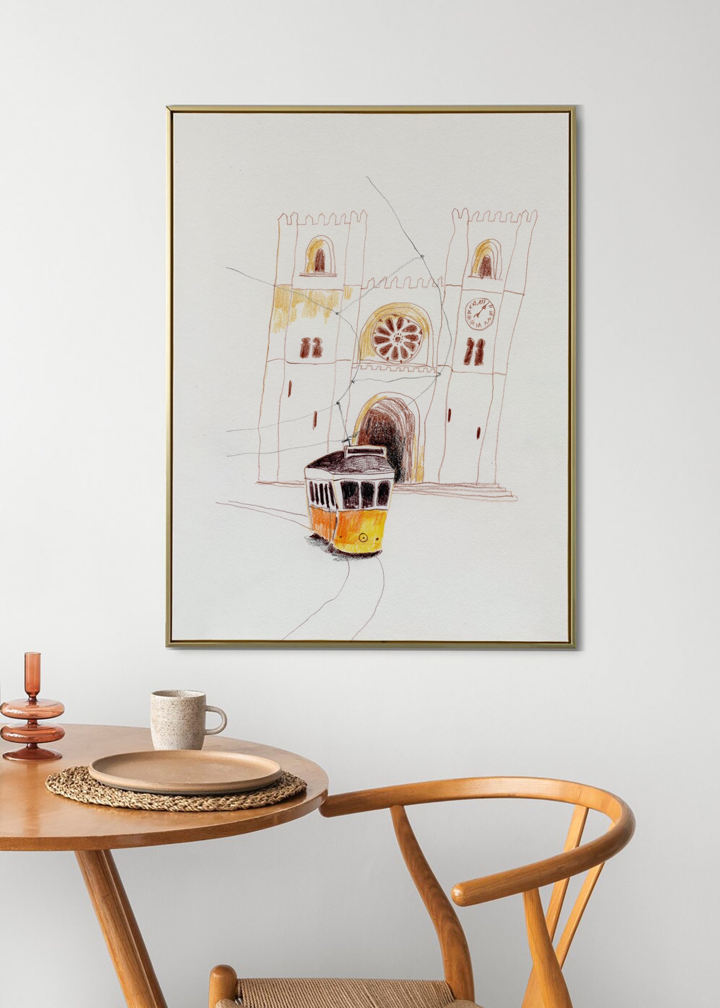 Lisbon Street Scene Print: Yellow Tram, Hand-Drawn Travel Poster