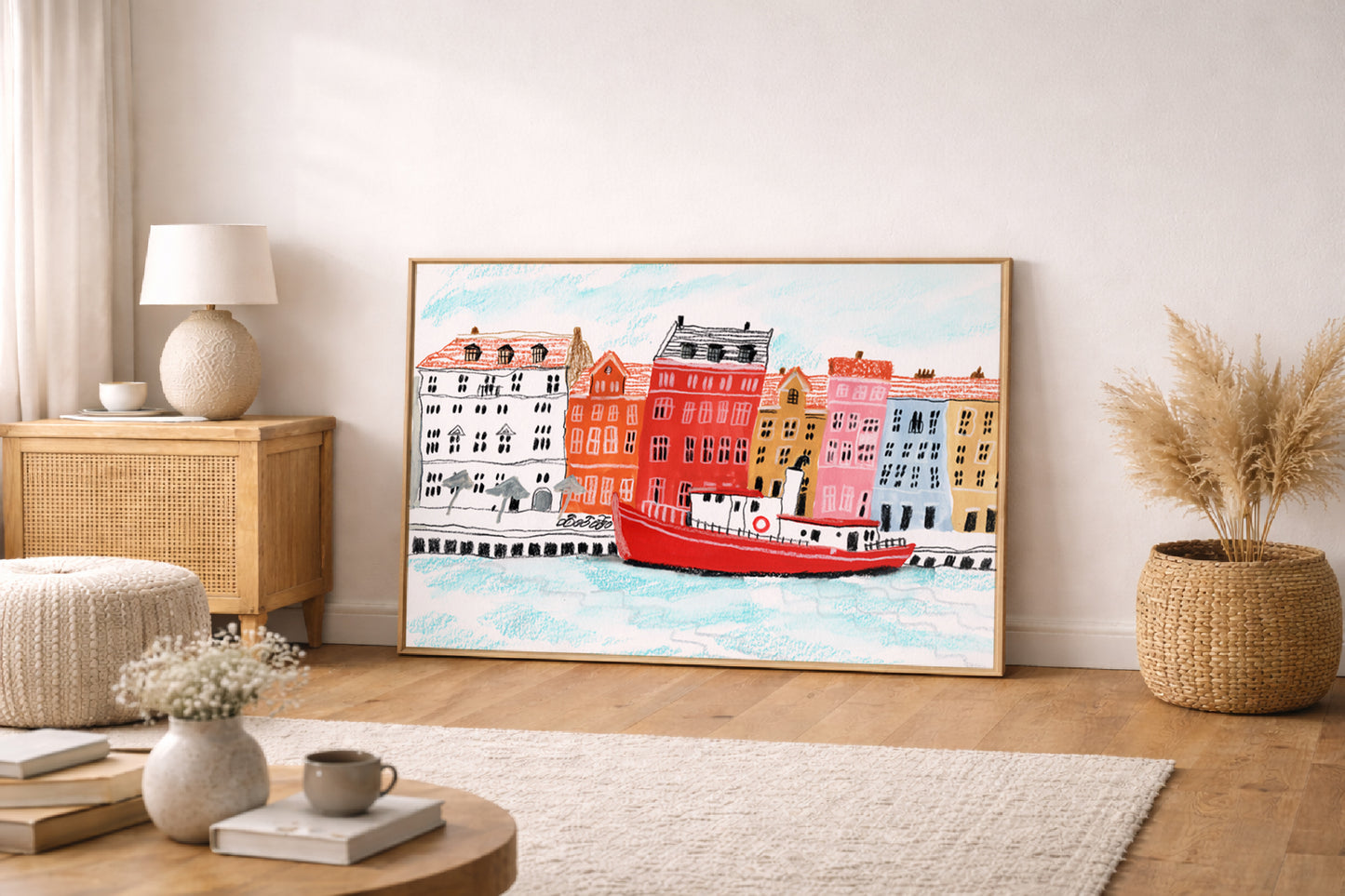 Copenhagen Nyhavn Art Print – Colorful Waterfront with Red Boat, Scandinavian Cityscape Poster, Denmark Wall Art, Gouache & Pastel Giclée
