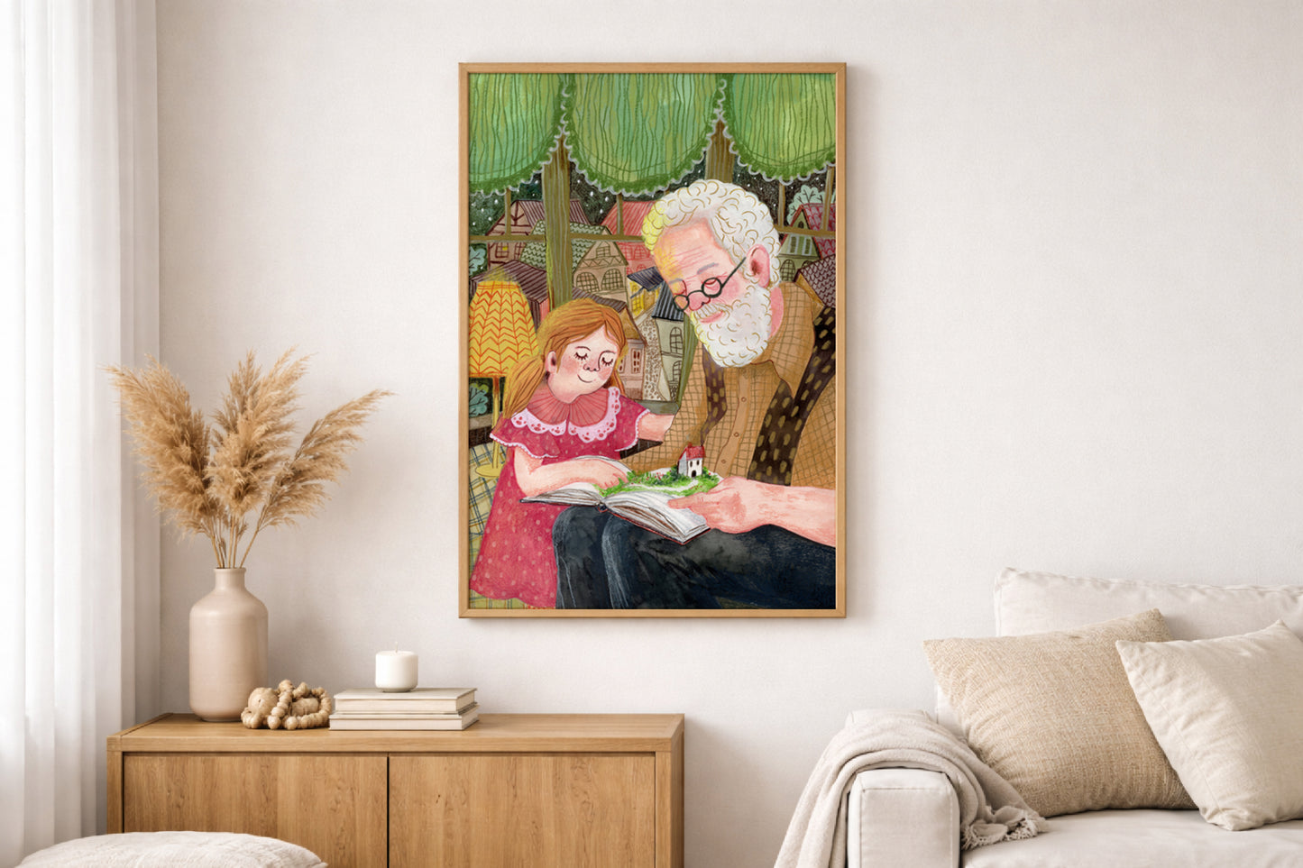 Grandpa Reading Art Print - Grandfather and Granddaughter Storytime, Family Illustration, Nursery & Reading Nook Wall Art, Giclée print