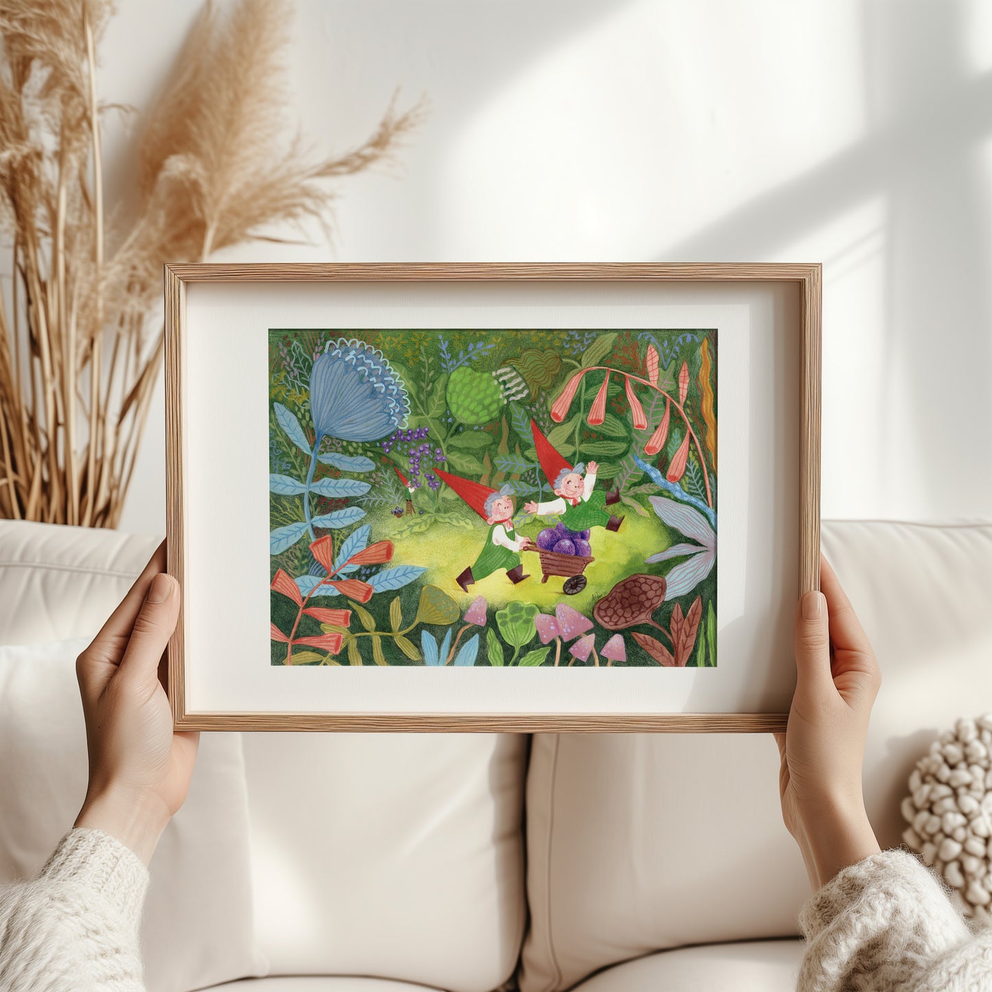 Gnome Forest Art Print – FairyTale Woodland Illustration, Red Hat Gnomes with Berries, Nursery & Kids Room Wall Art, Giclée