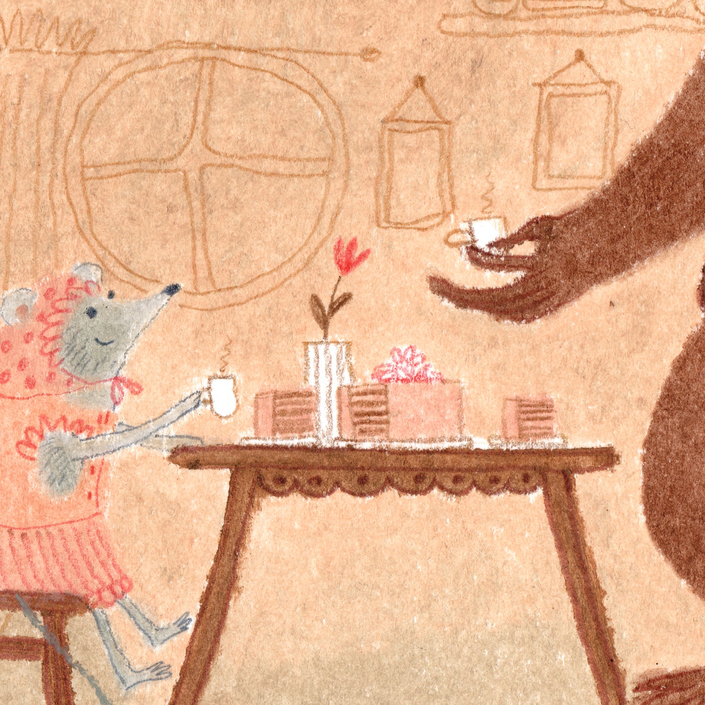 Bear & Mouse Tea Art Print, Cozy Storybook Illustration, Nursery Wall Art, Signed Artist Reproduction, Oil Pastel Giclée Poster