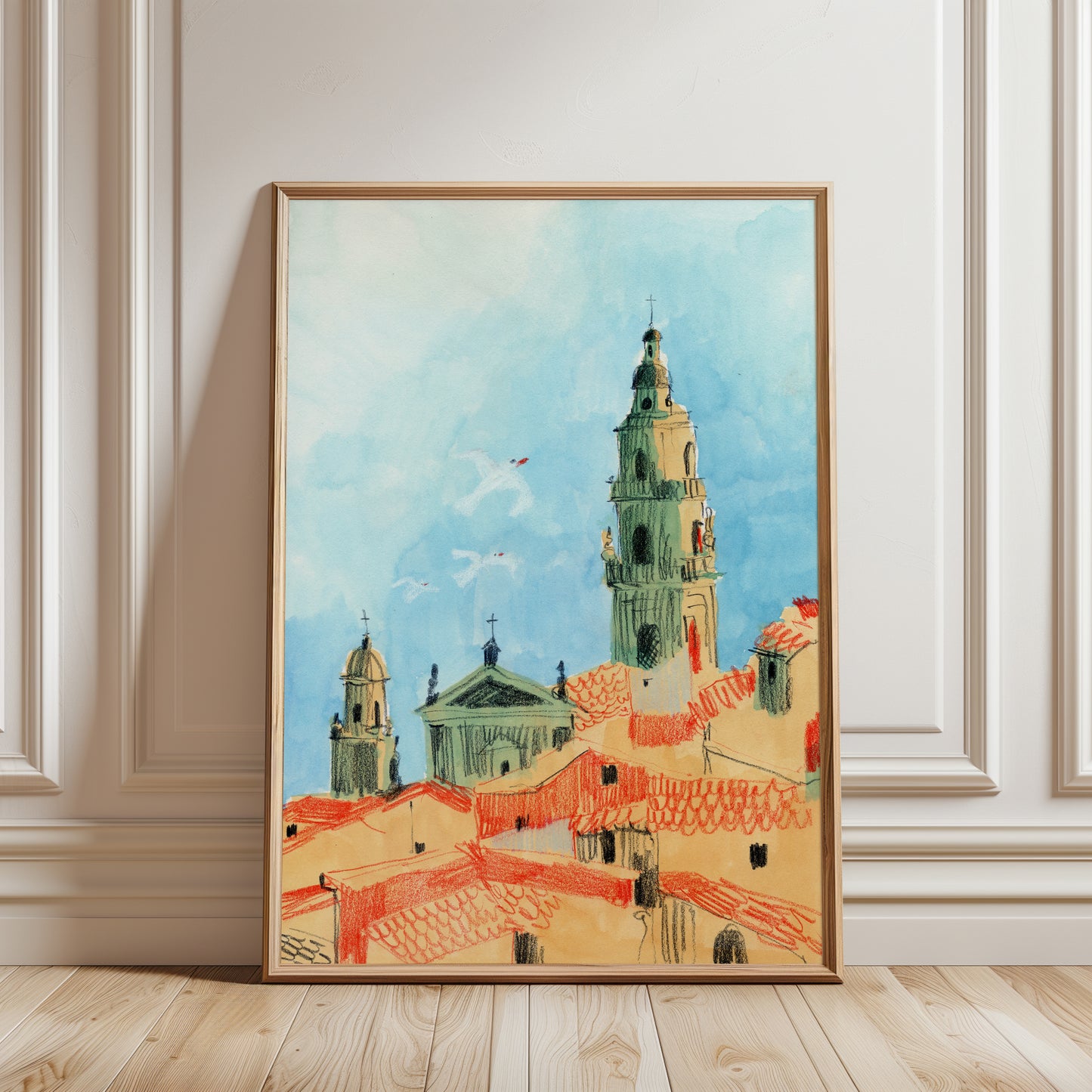 Menton Art Print, French Riviera Cityscape, Côte d’Azur Rooftops, Mediterranean Wall Art, Gouache & Pastel, Enhanced Matte Poster