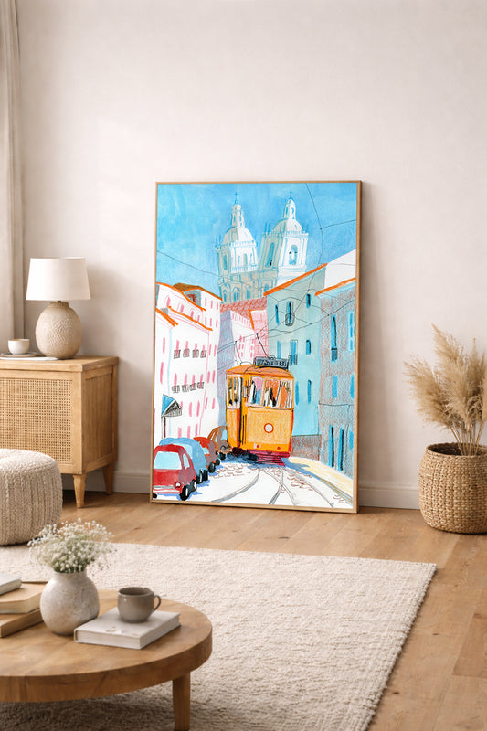 Lisbon Travel Poster: Hand-Drawn Yellow Tram Art Print
