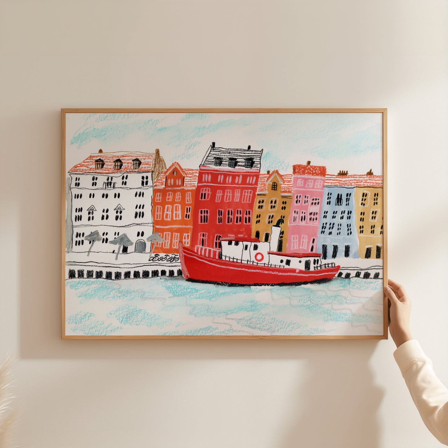 Copenhagen Nyhavn Art Print – Colorful Waterfront with Red Boat, Scandinavian Cityscape Poster, Denmark Wall Art, Gouache & Pastel Giclée