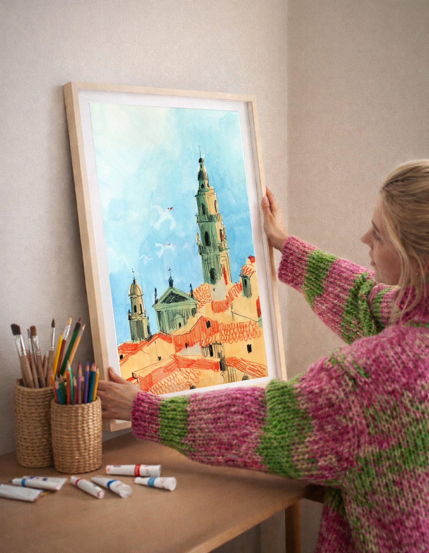 Menton Art Print, French Riviera Cityscape, Côte d’Azur Rooftops, Mediterranean Wall Art, Gouache & Pastel, Enhanced Matte Poster