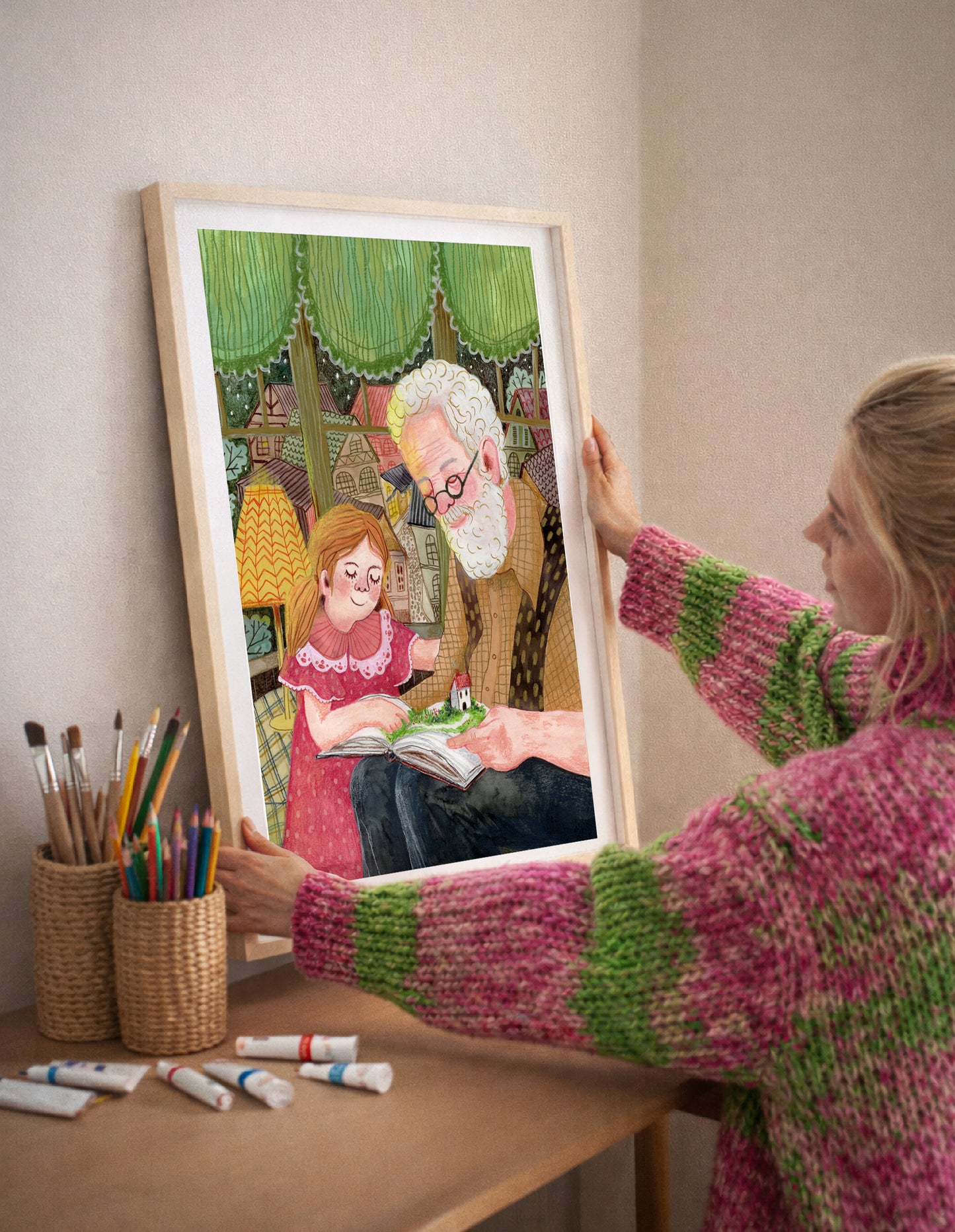 Grandpa Reading Art Print - Grandfather and Granddaughter Storytime, Family Illustration, Nursery & Reading Nook Wall Art, Giclée print