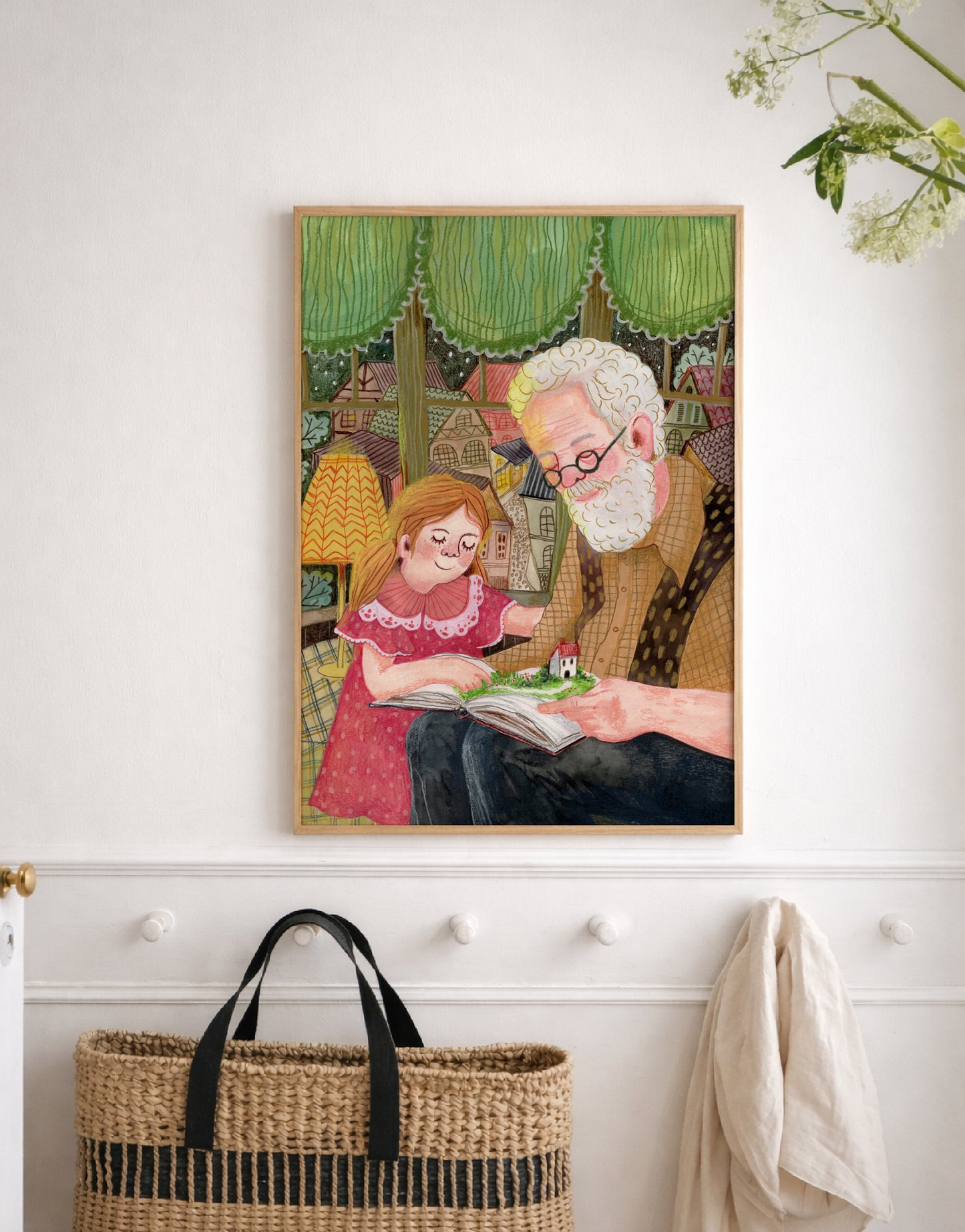 Grandpa Reading Art Print - Grandfather and Granddaughter Storytime, Family Illustration, Nursery & Reading Nook Wall Art, Giclée print