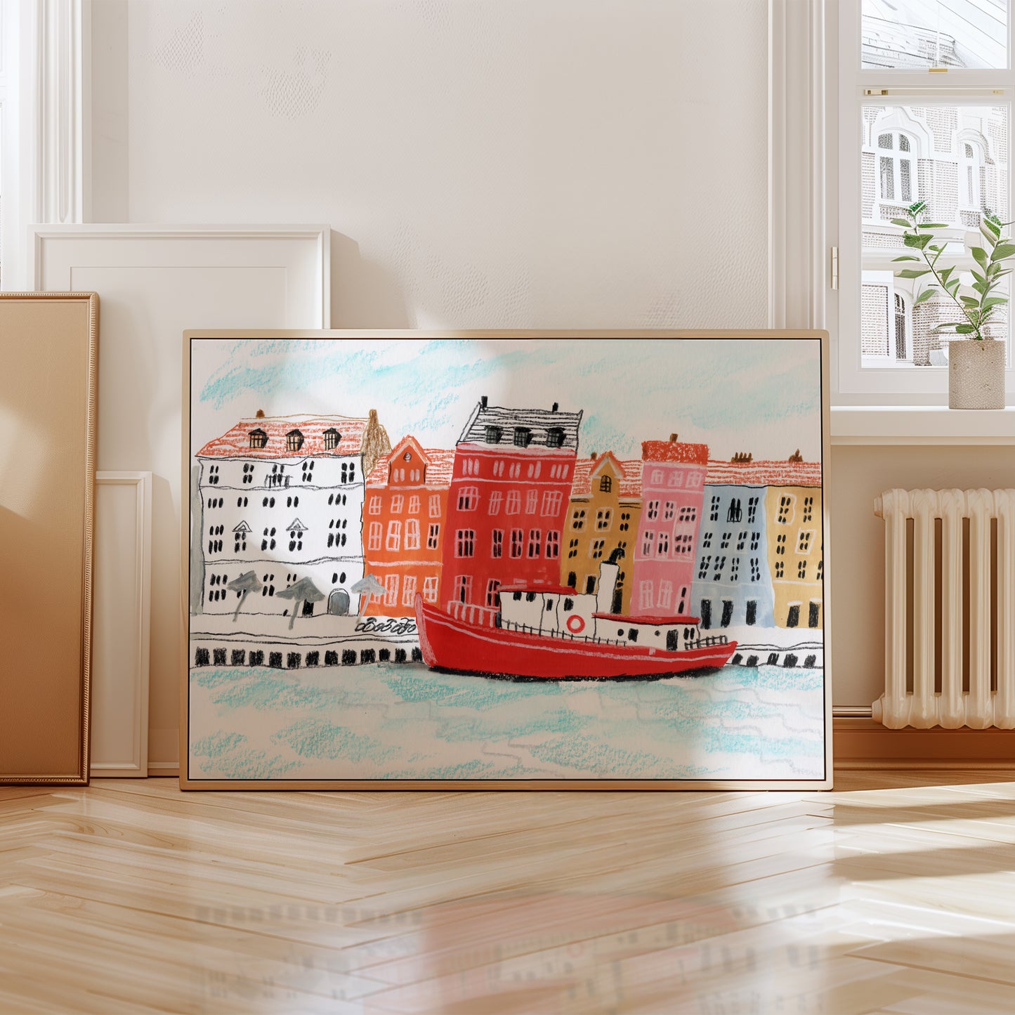 Copenhagen Nyhavn Art Print – Colorful Waterfront with Red Boat, Scandinavian Cityscape Poster, Denmark Wall Art, Gouache & Pastel Giclée