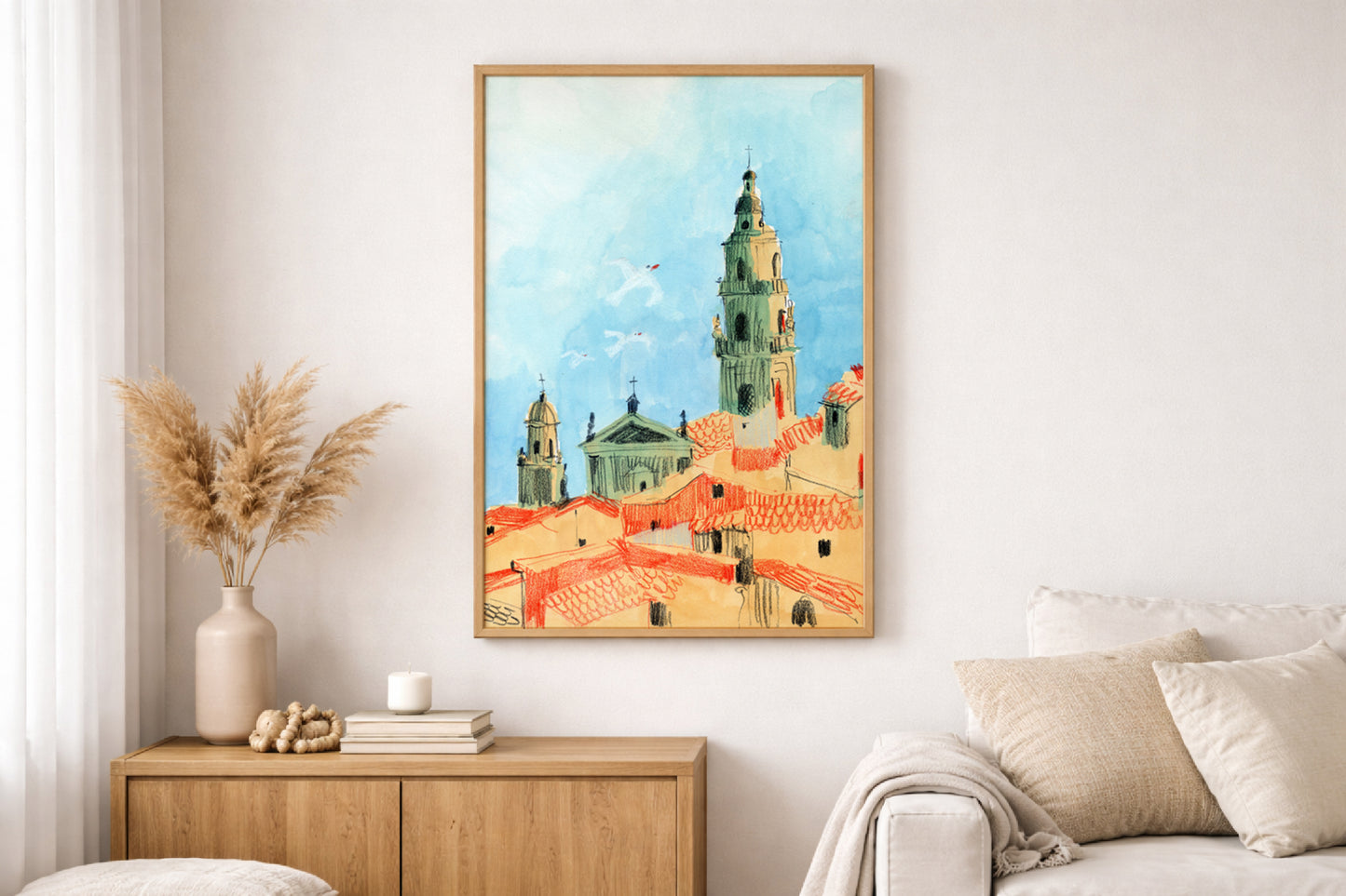 Menton Art Print, French Riviera Cityscape, Côte d’Azur Rooftops, Mediterranean Wall Art, Gouache & Pastel, Enhanced Matte Poster
