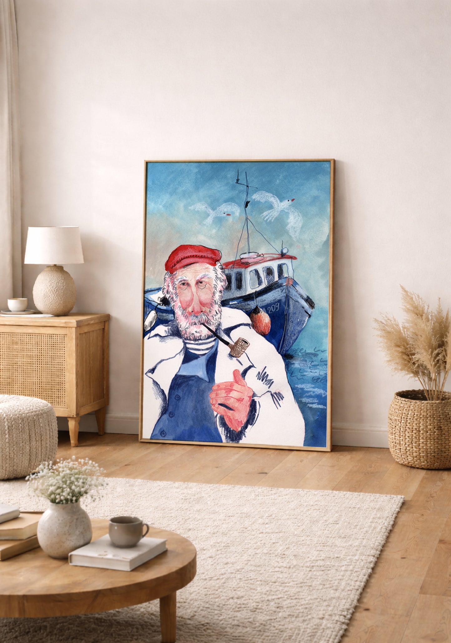 Fisherman Art Print, Nautical Sea Captain Illustration, Coastal Wall Art, Maritime Boat Poster, Gouache & Pastel Giclée, Beach House Decor